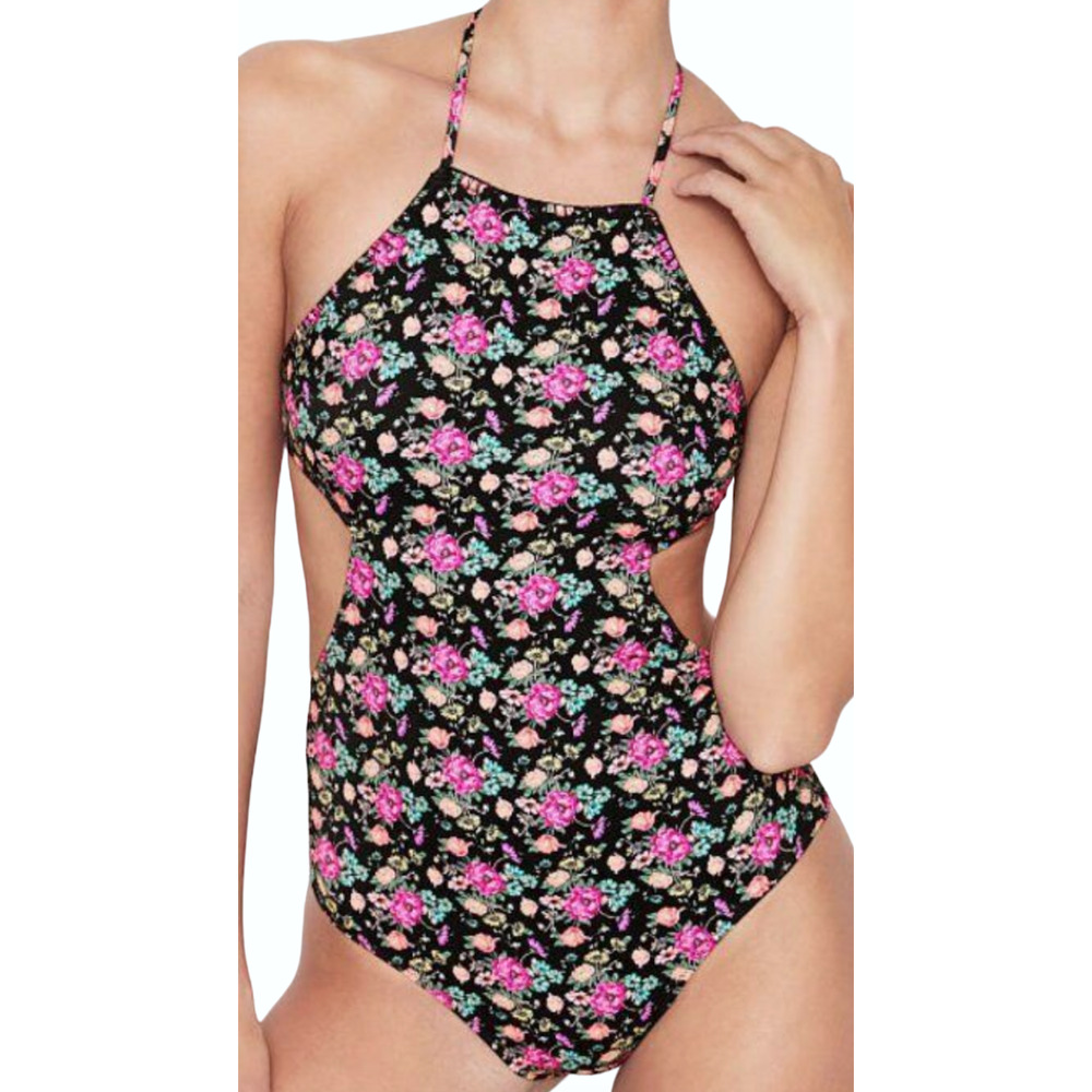 VICTORIA'S SECRET BLACK FLORAL PORTOFINO CROCHET HALTER ONE PIECE SWIMSUIT XS